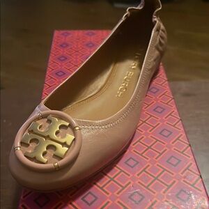 Tory Burch Light Pink Leather Flats with Gold Medallion